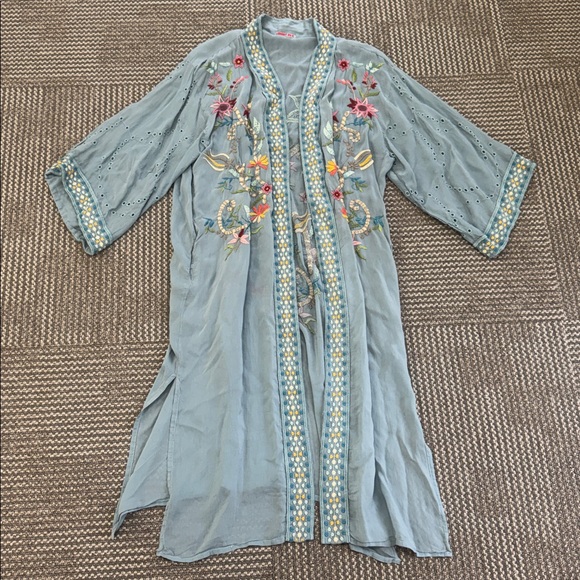 Johnny Was Summer Embroidered Light Blue Long Kimono, One Size - Picture 2 of 8